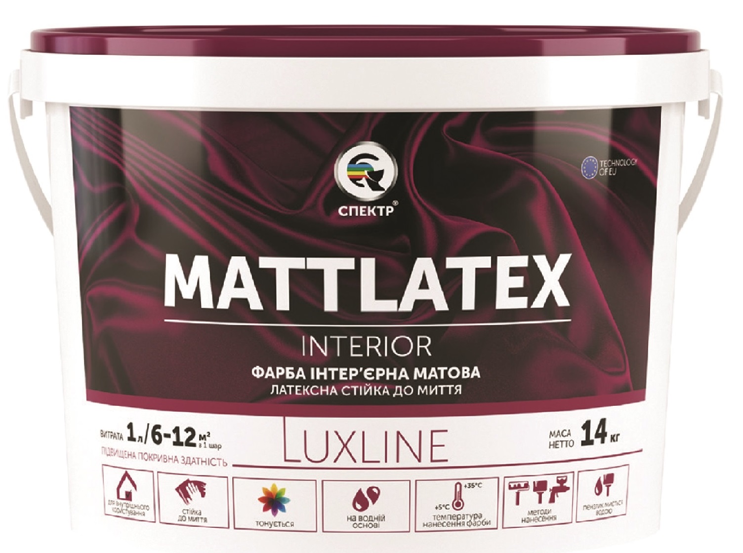 Фарба для внутрішніх робіт інтер'єрна Маттлатекс MATTLATEX LUX LINE, акрилова, латексна, мат білий, 14кг СПЕКТР